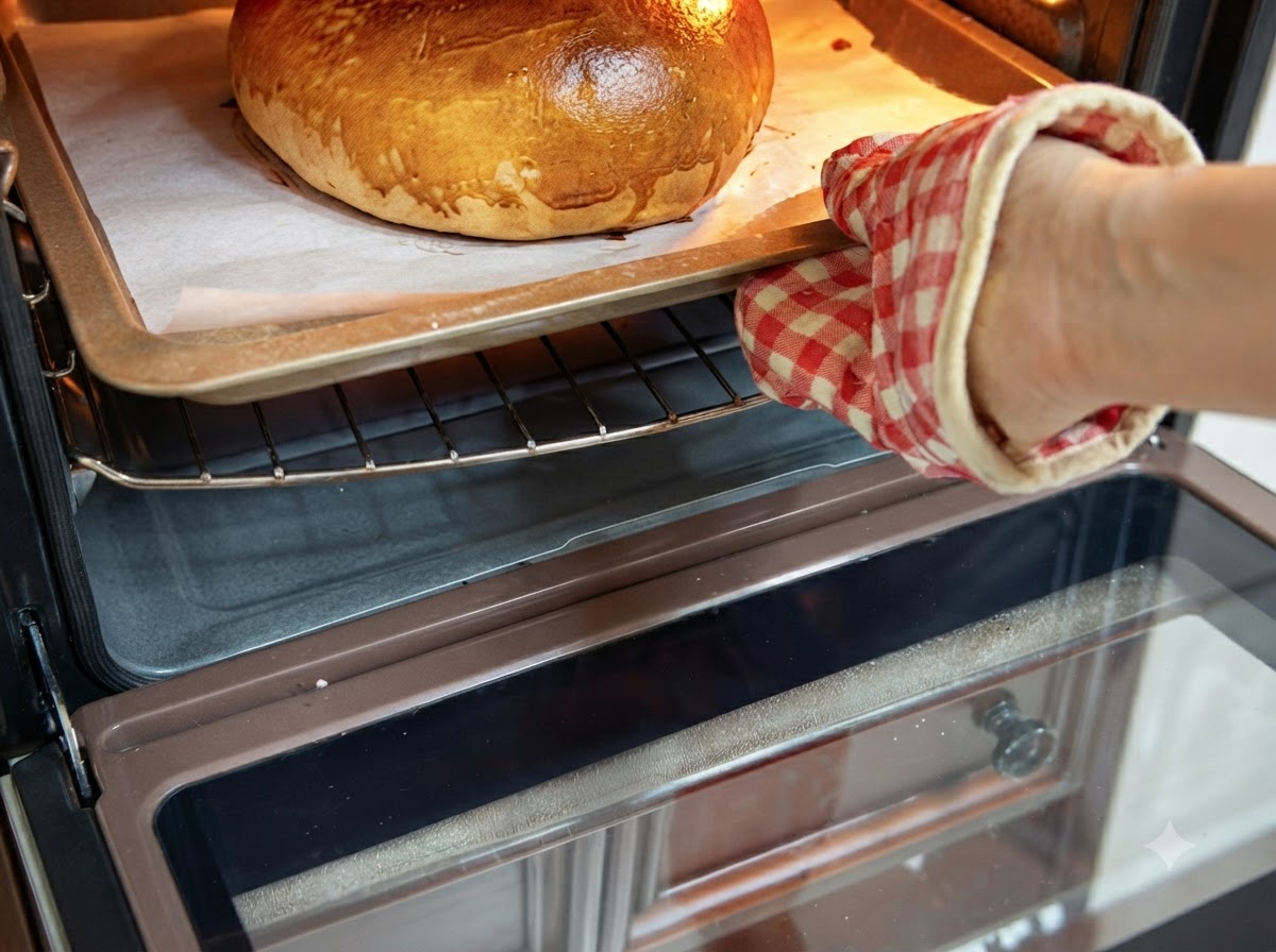 Un pan de hamburguesa gigante ya horneado, de color dorado, que se saca del horno en una bandeja.