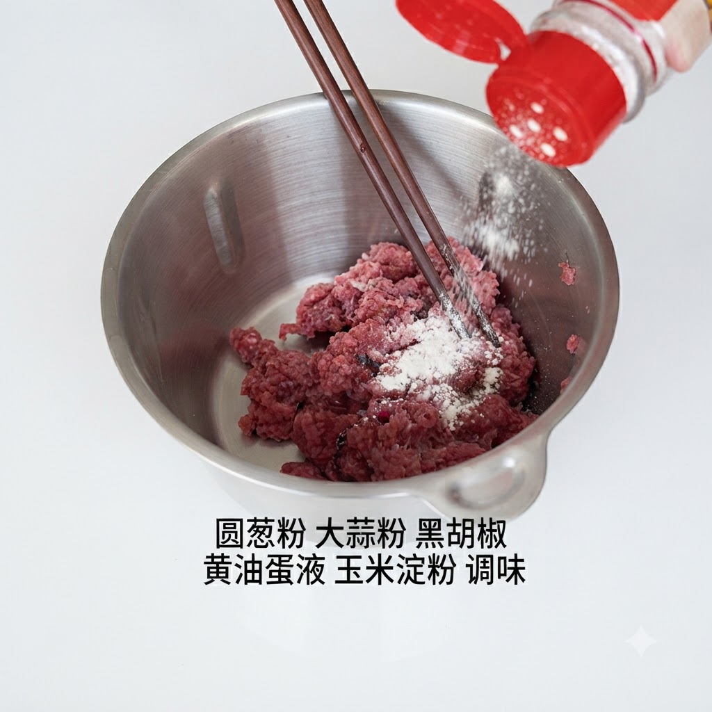 Un bol de metal con carne picada mientras se espolvorean los condimentos desde un frasco con tapa roja.
