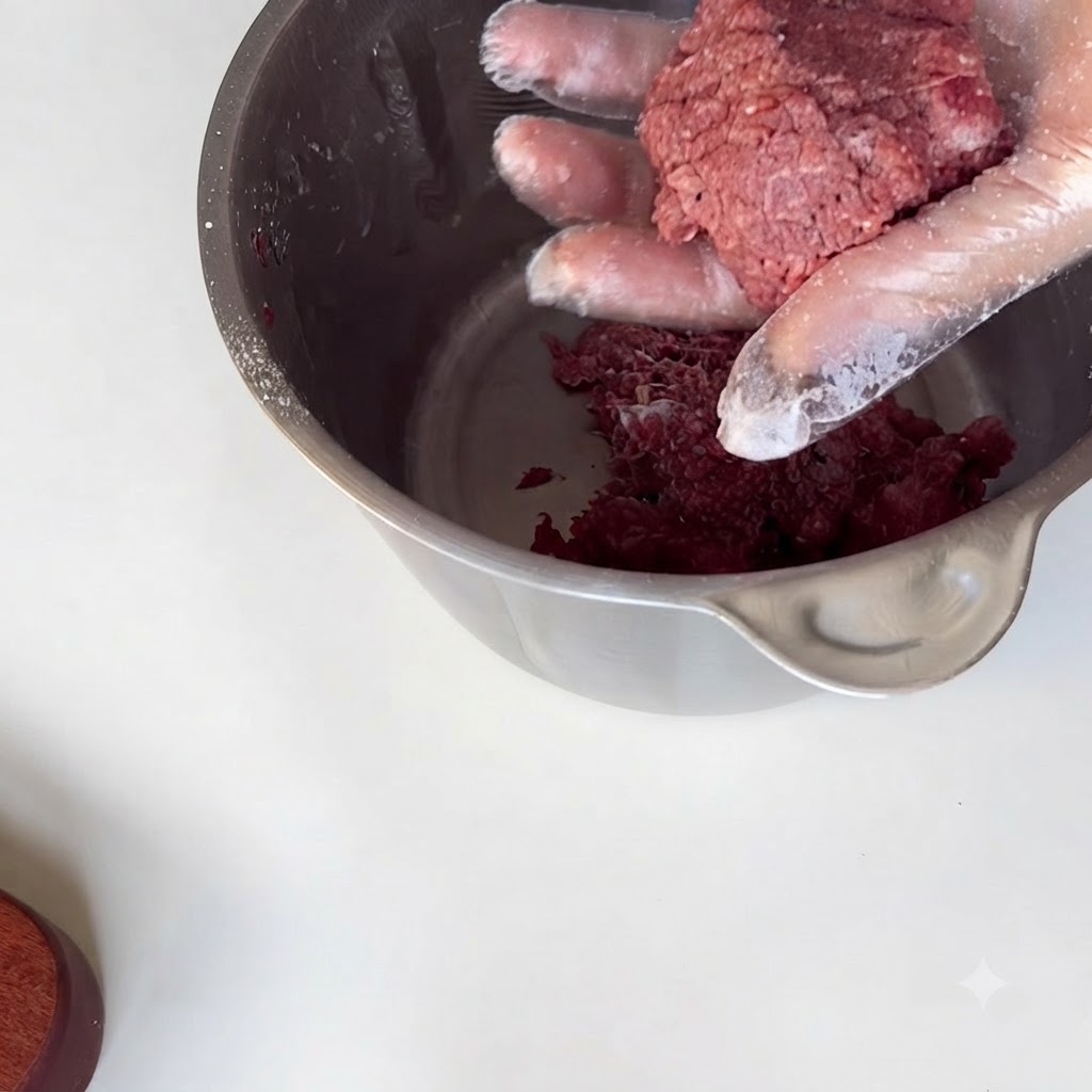Una mano con guante amasando y mezclando carne picada sazonada dentro de un cuenco de acero inoxidable.