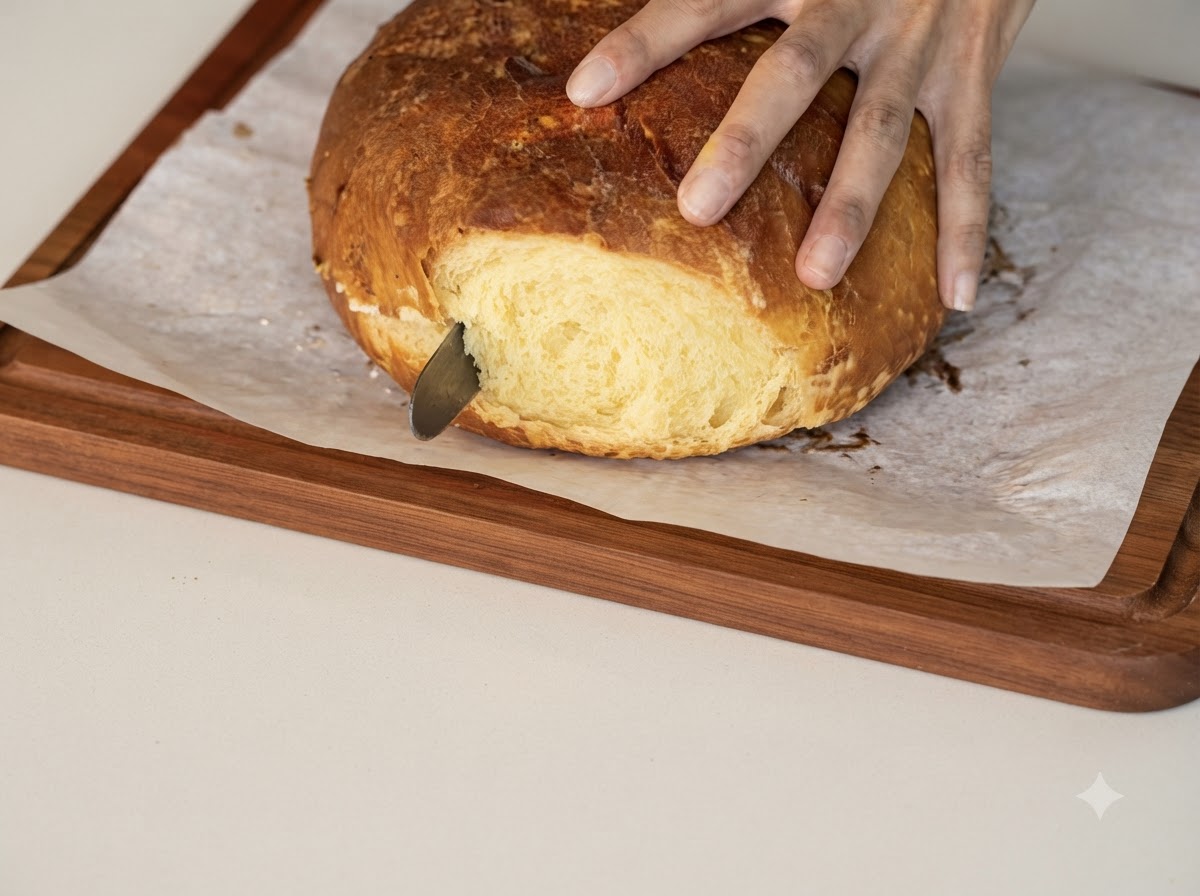 Una mano sosteniendo un cuchillo de sierra cortando horizontalmente por la mitad un pan grande horneado sobre papel vegetal.