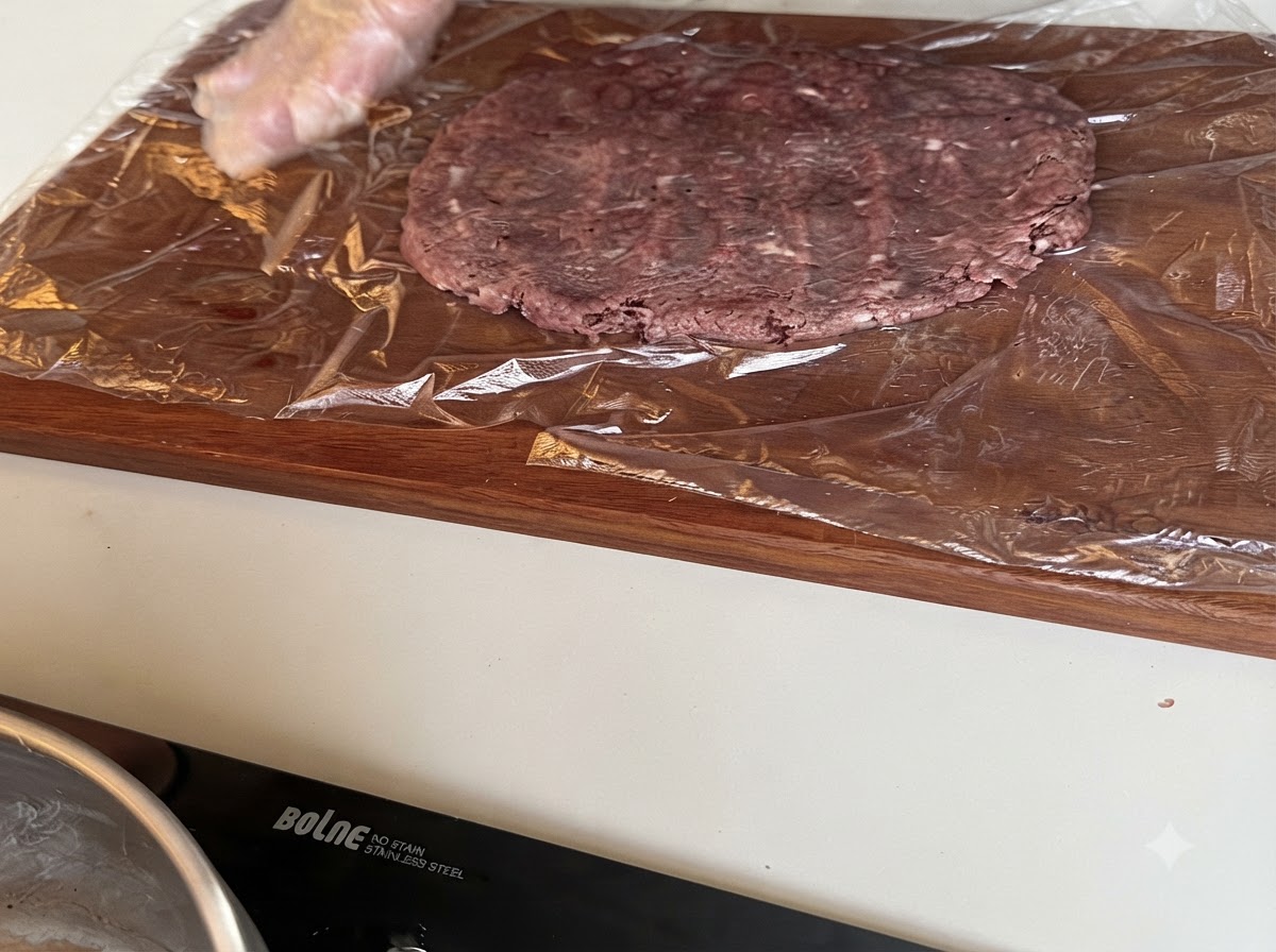 Una gran hamburguesa de carne cruda siendo aplastada sobre papel film extendido en una tabla de cortar de madera.