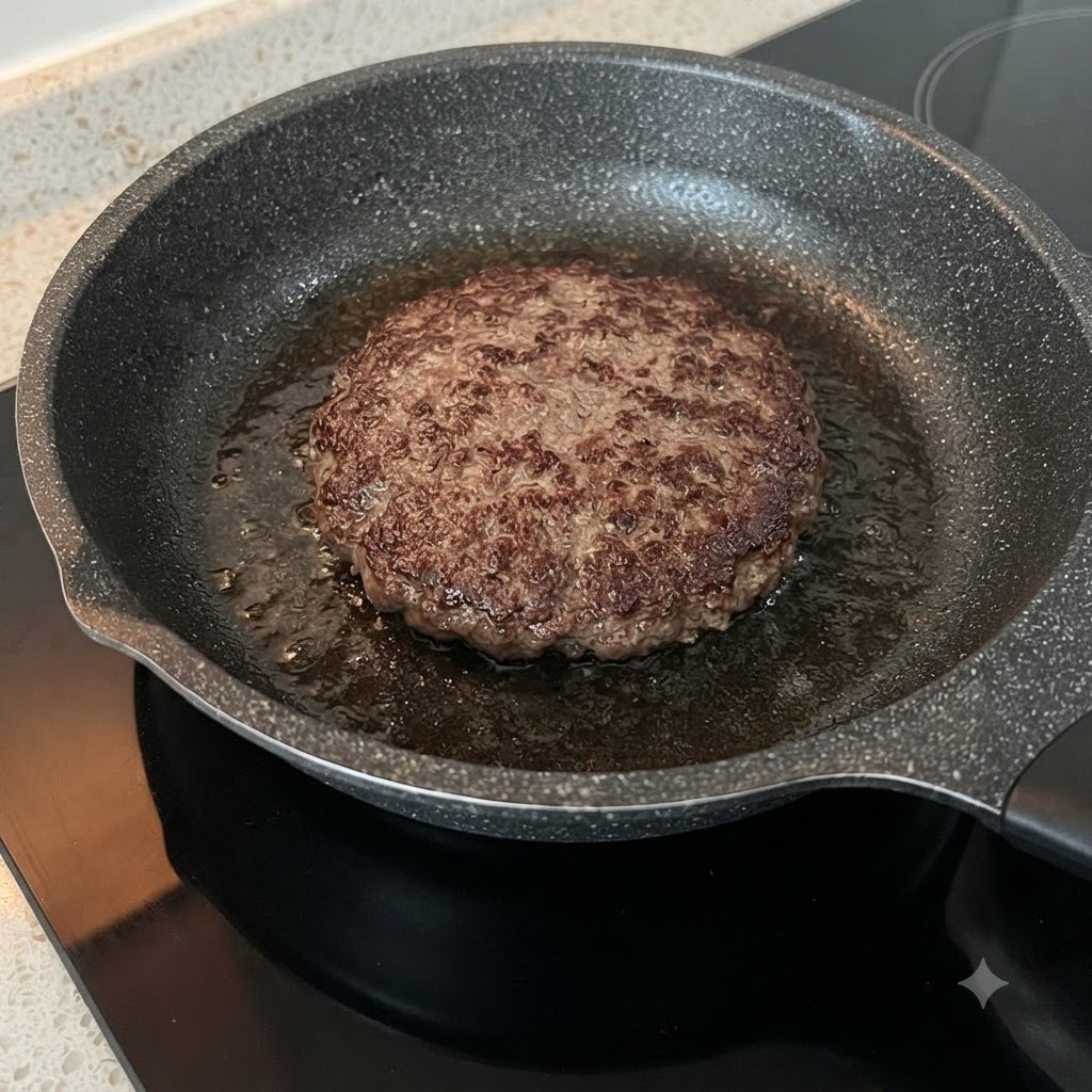 Lonchas de queso amarillo derritiéndose sobre una jugosa hamburguesa de carne en la sartén.
