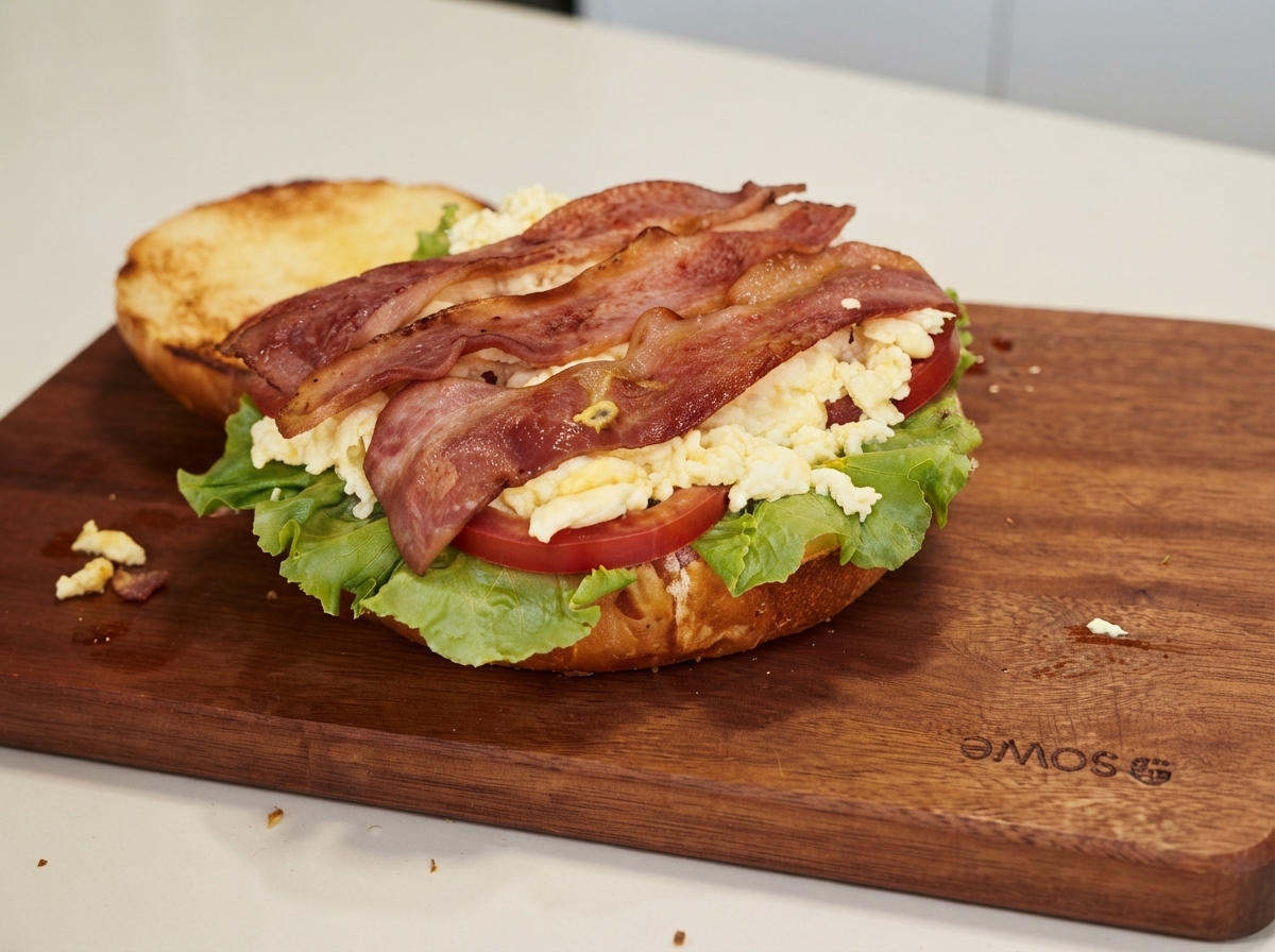 Tiras de tocino crujiente colocadas sobre huevos revueltos, lechuga y rodajas de tomate en una tabla de madera.