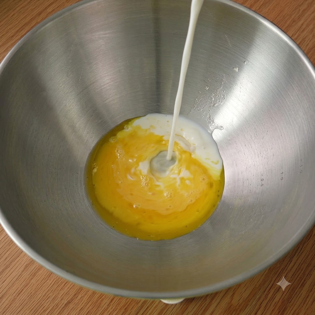Huevos, leche y otros ingredientes de repostería combinados en un bol de mezcla.
