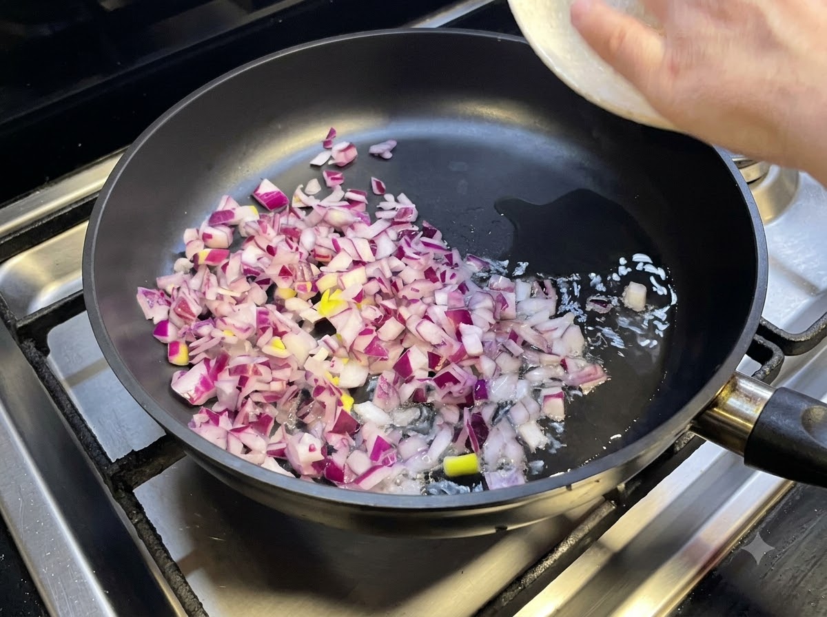 Cebollas moradas picadas friéndose en aceite caliente dentro de una sartén mientras se añade carne picada.