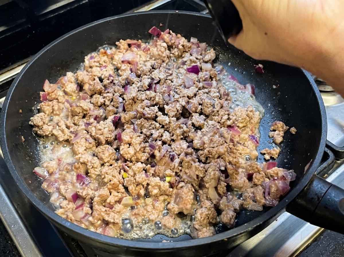 Carne picada y cebollas cocinándose en una sartén mientras se espolvorean los condimentos por encima.