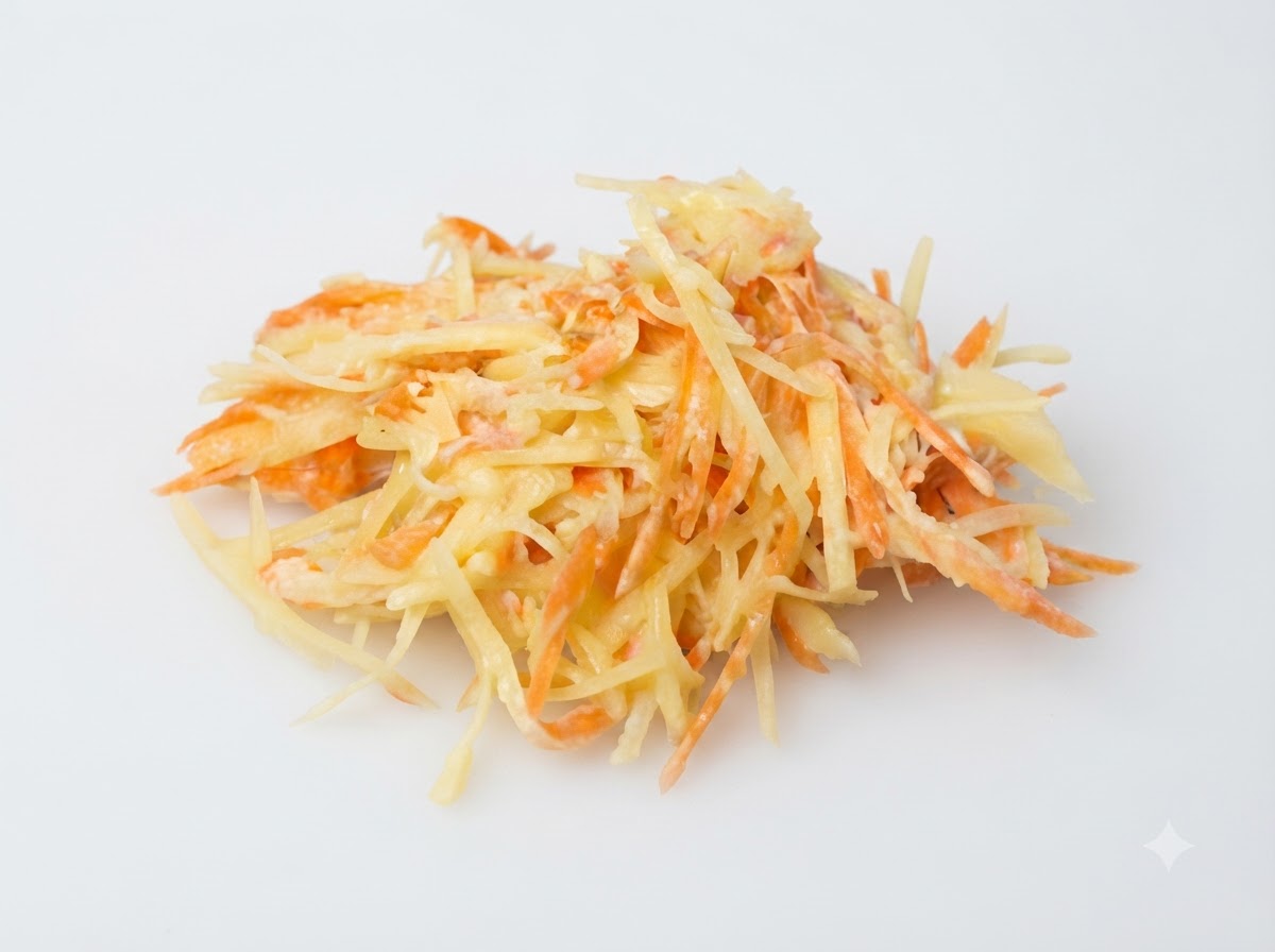 Un montón de patatas y zanahorias ralladas mezcladas con huevo y harina sobre una superficie.