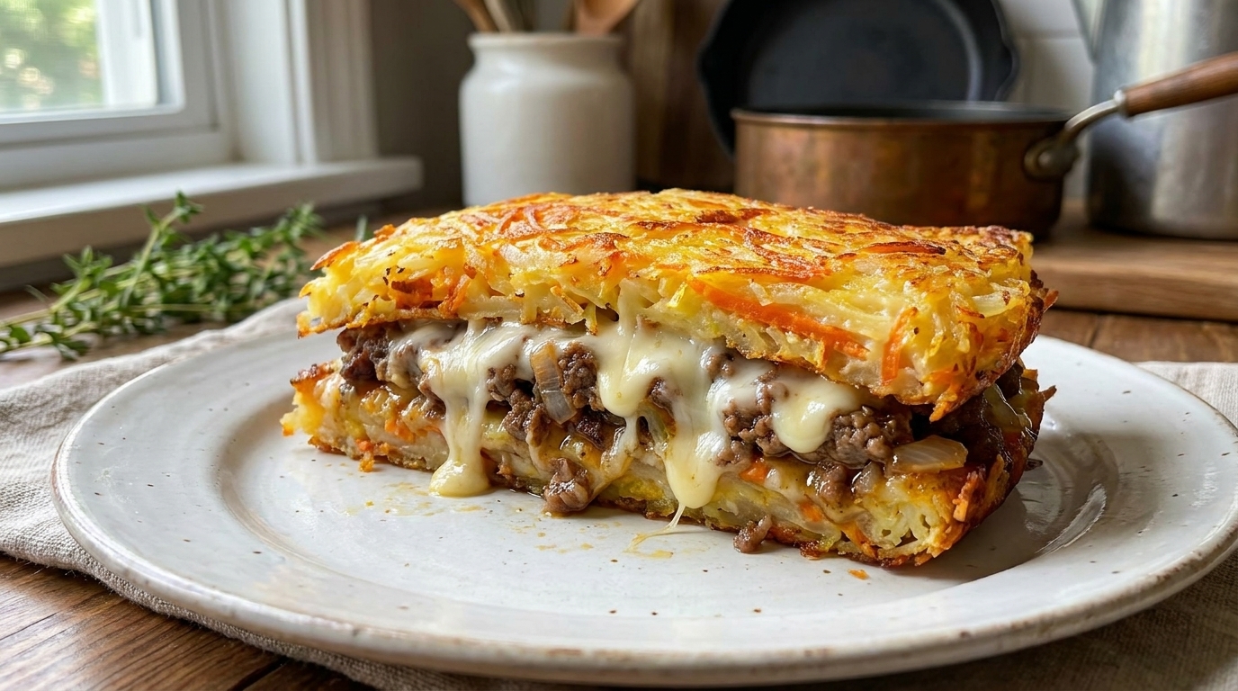 Pastel crujiente de patata, carne y queso