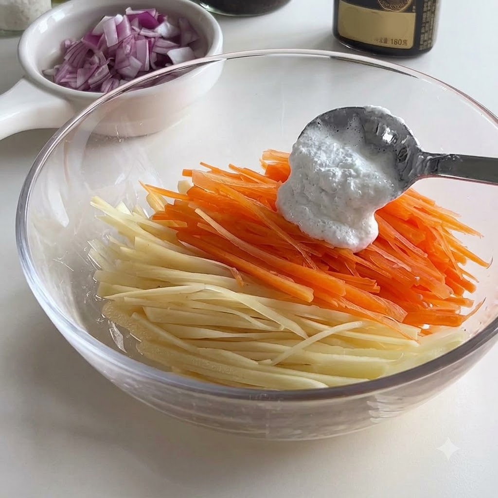 Una cucharada de harina blanca añadiéndose a zanahorias y patatas ralladas en un bol de cristal.