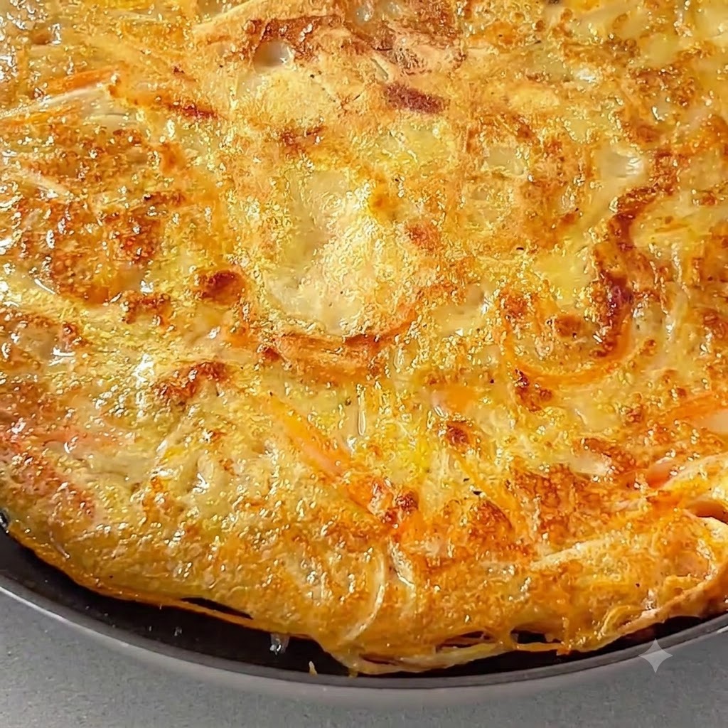 Una tortilla de patata perfectamente dorada y crujiente cocinándose en una sartén tras darle la vuelta.