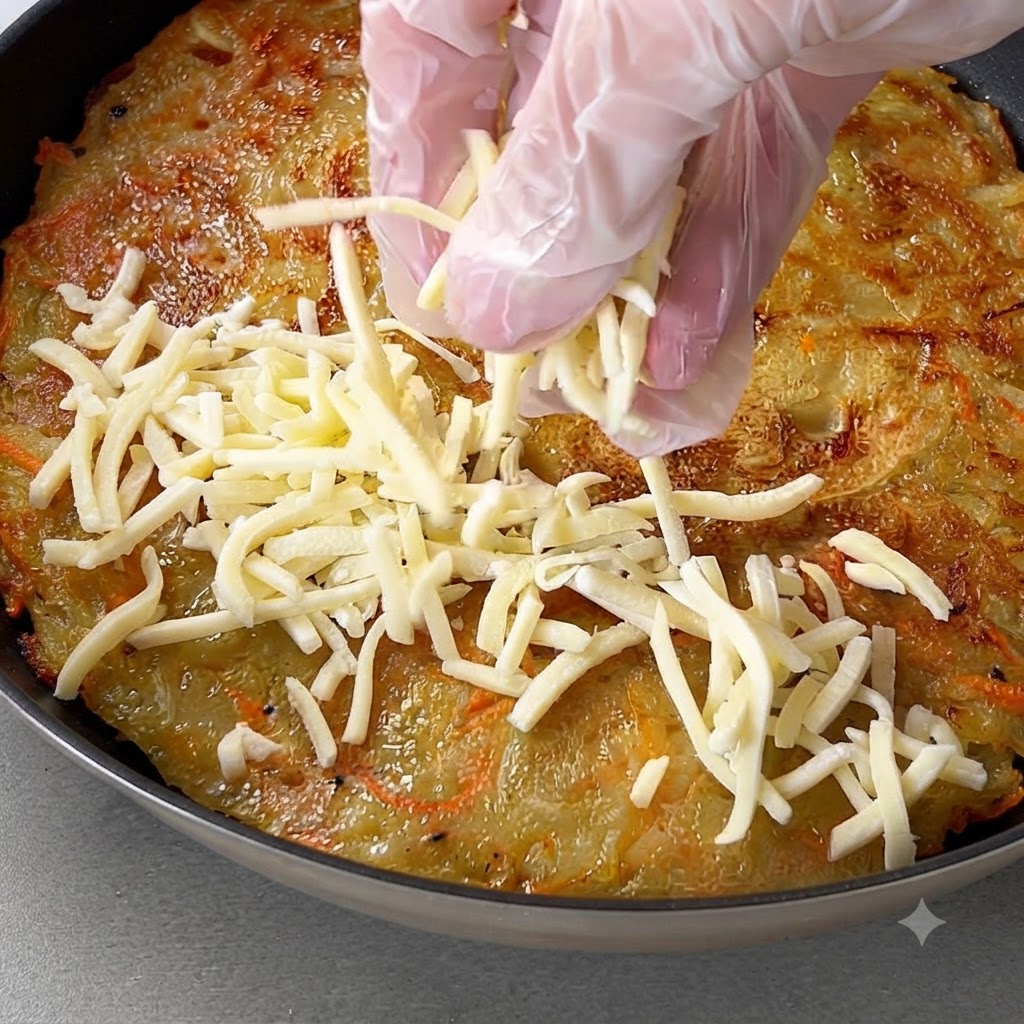 Una mano con guante espolvoreando queso mozzarella rallado sobre una tortilla de patata dorada en una sartén.