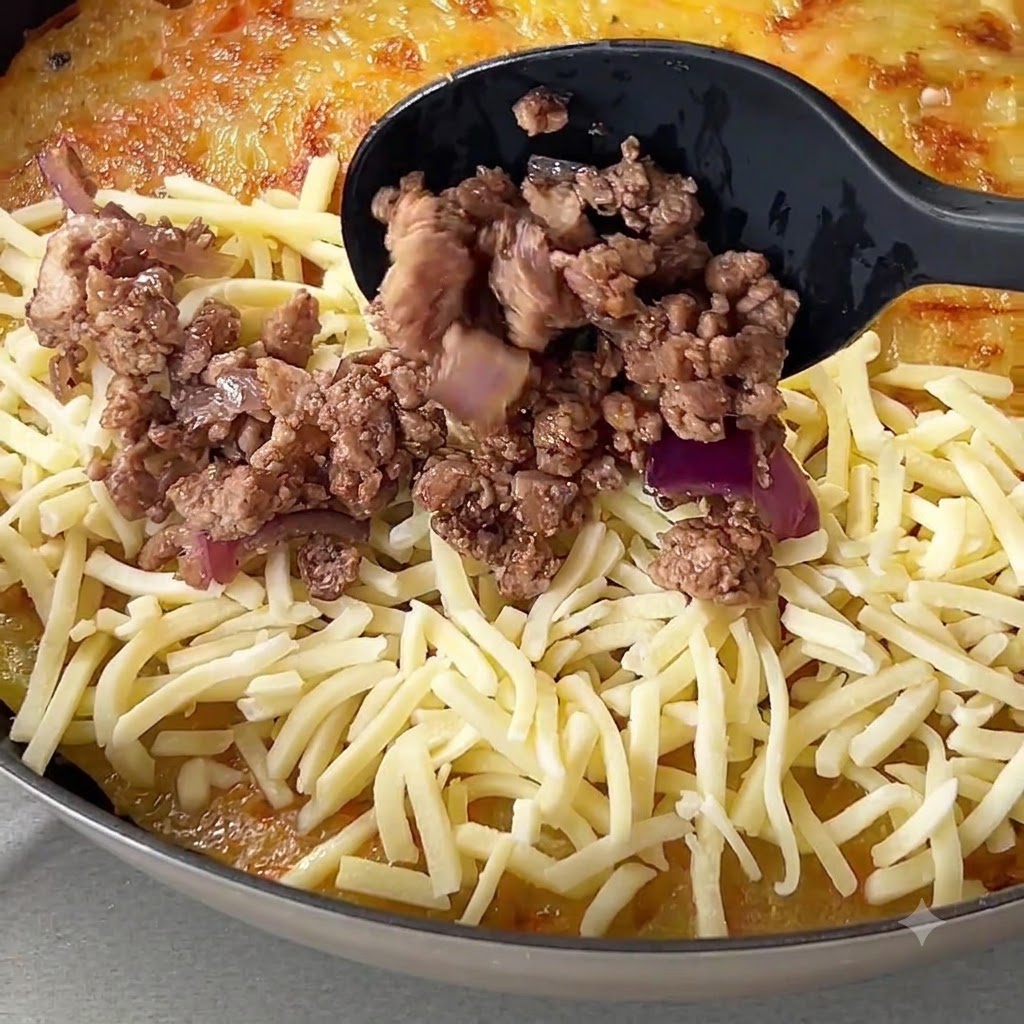 Una cuchara negra distribuyendo carne picada cocinada y cebolla morada sobre queso rallado en una base de patata.