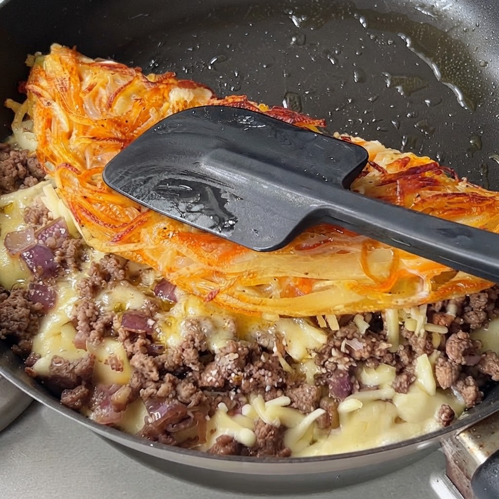 Una espátula negra presionando una tortilla de patata crujiente doblada, rellena de carne y queso fundido.