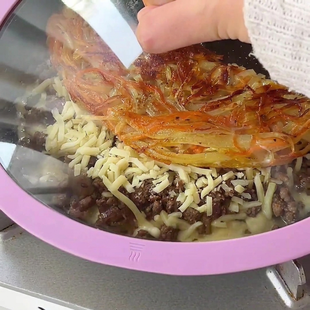 Una tapa de cristal colocándose sobre una sartén con la costra de patata crujiente, carne picada y queso fundido.