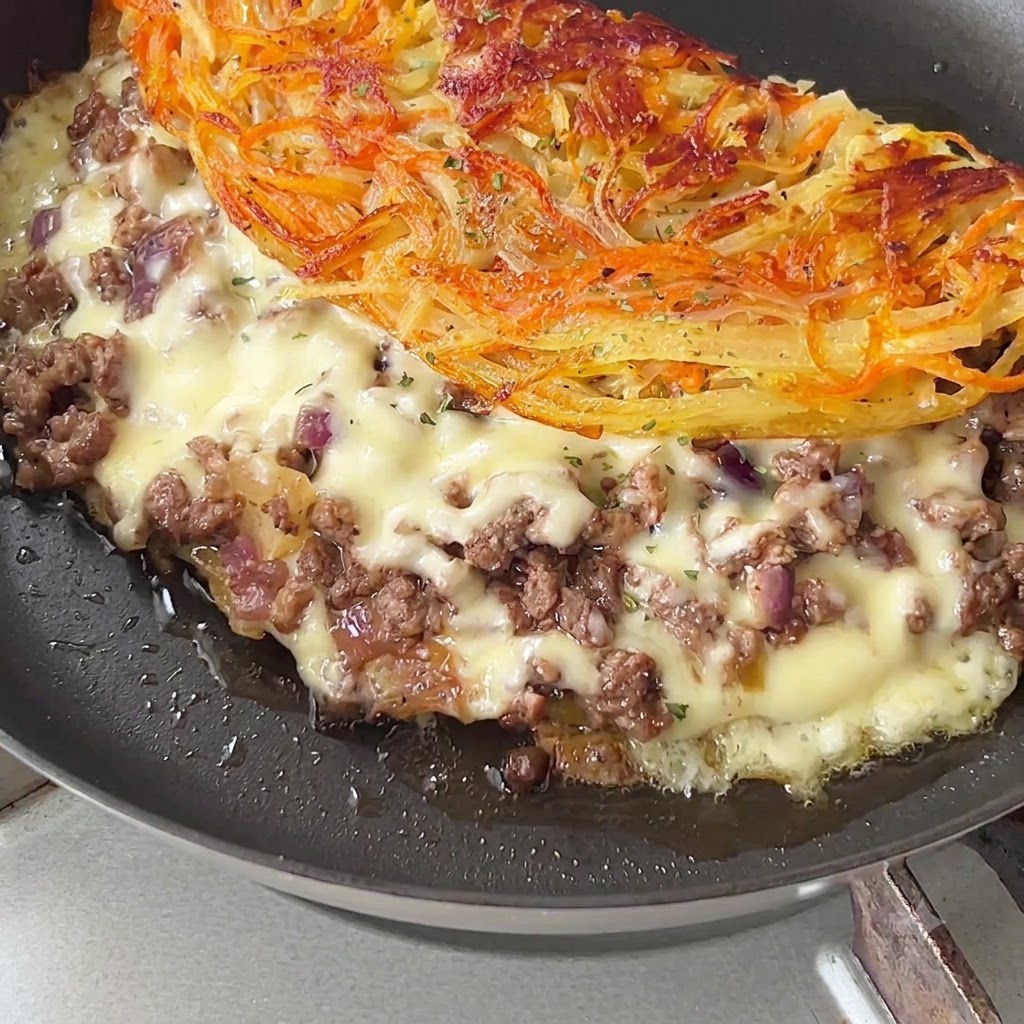 Una tortilla de patata crujiente y doblada en una sartén, rebosante de queso fundido y adornada con perejil picado.