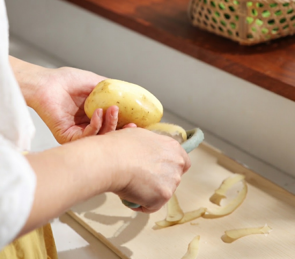 Manos pelando una patata fresca antes de cortarla en trozos pequeños sobre una tabla de cortar.