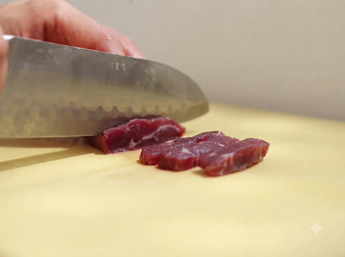 Un cuchillo afilado cortando un trozo de ternera cruda en tiras más pequeñas sobre una tabla de cortar amarilla.