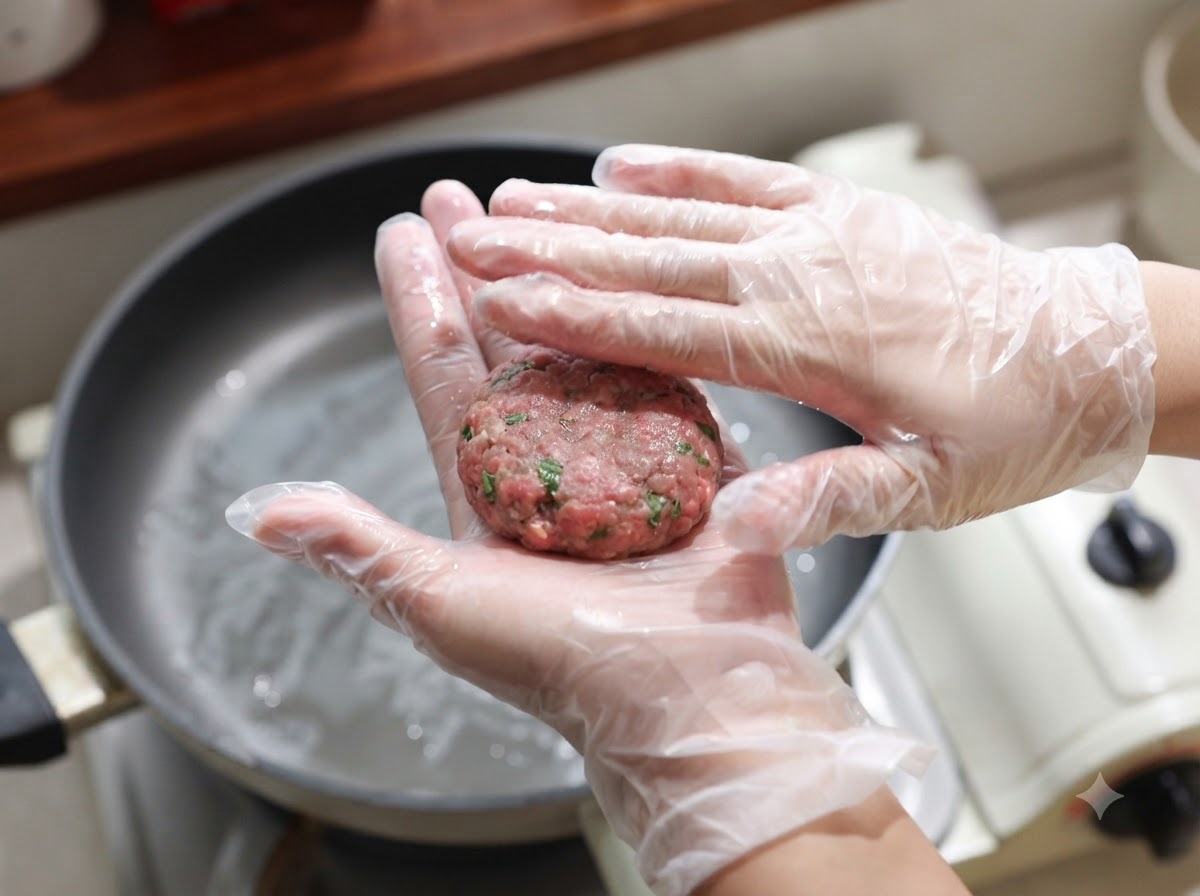 Una porción de la mezcla de carne siendo moldeada en una pequeña albóndiga redonda sobre una mano enguantada.