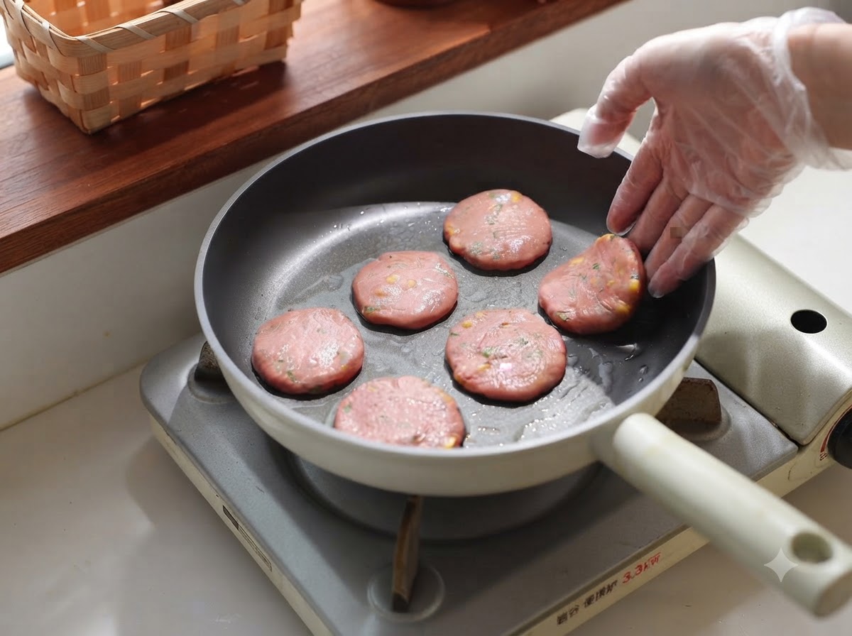Pequeñas albóndigas redondas colocadas de forma uniforme en la sartén caliente.