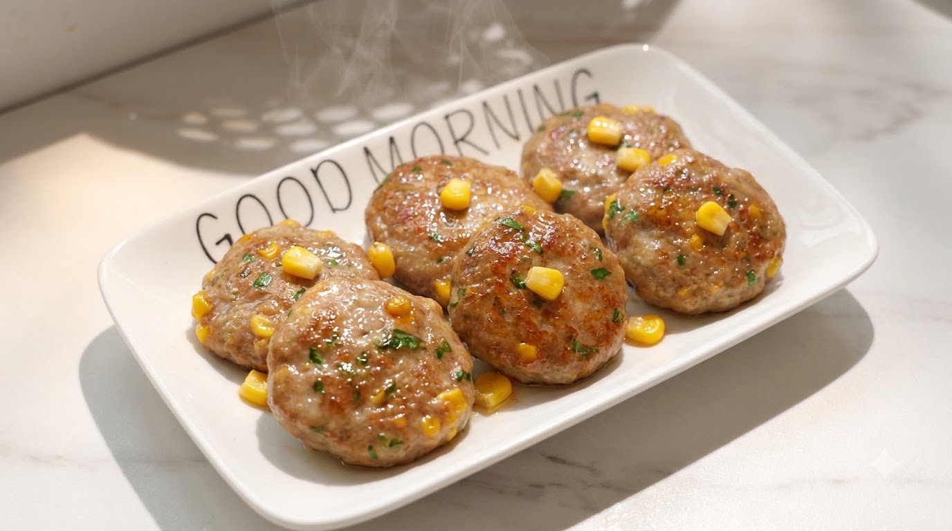 Albóndigas doradas y tiernas de patata y ternera decoradas con granos de maíz dulce en un plato blanco de cerámica.