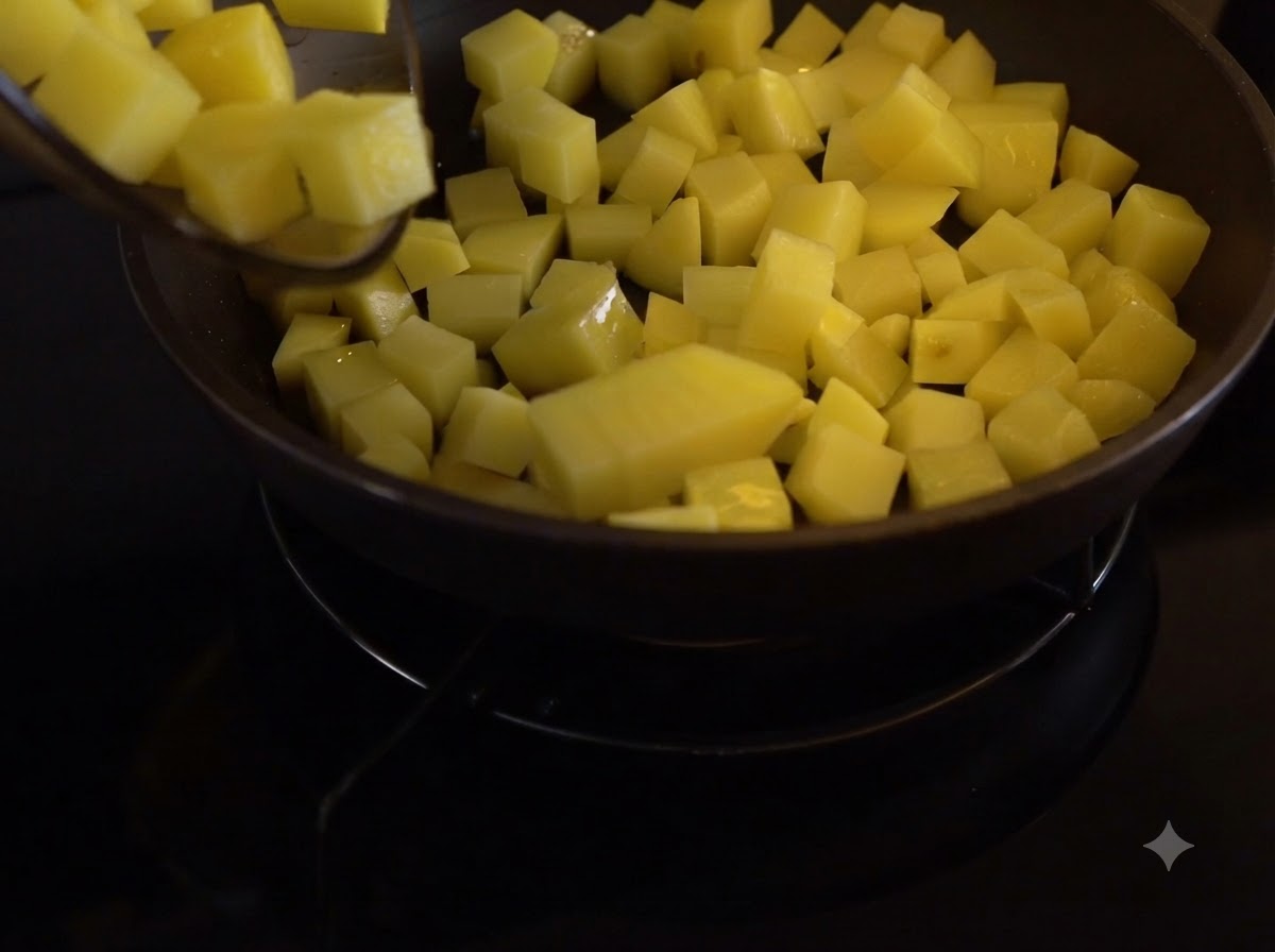 Papas en cubos cociéndose en una sartén siendo revueltas con una espátula.