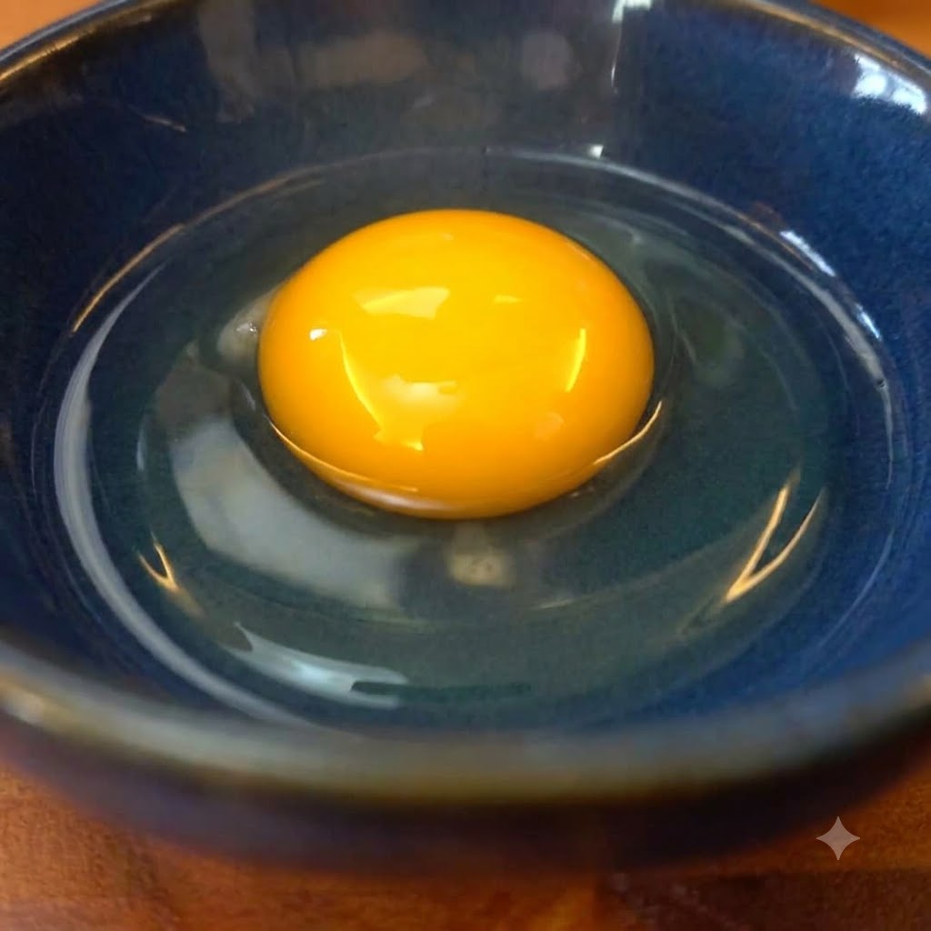 Una sola yema de huevo cruda en un bol azul antes de mezclar.