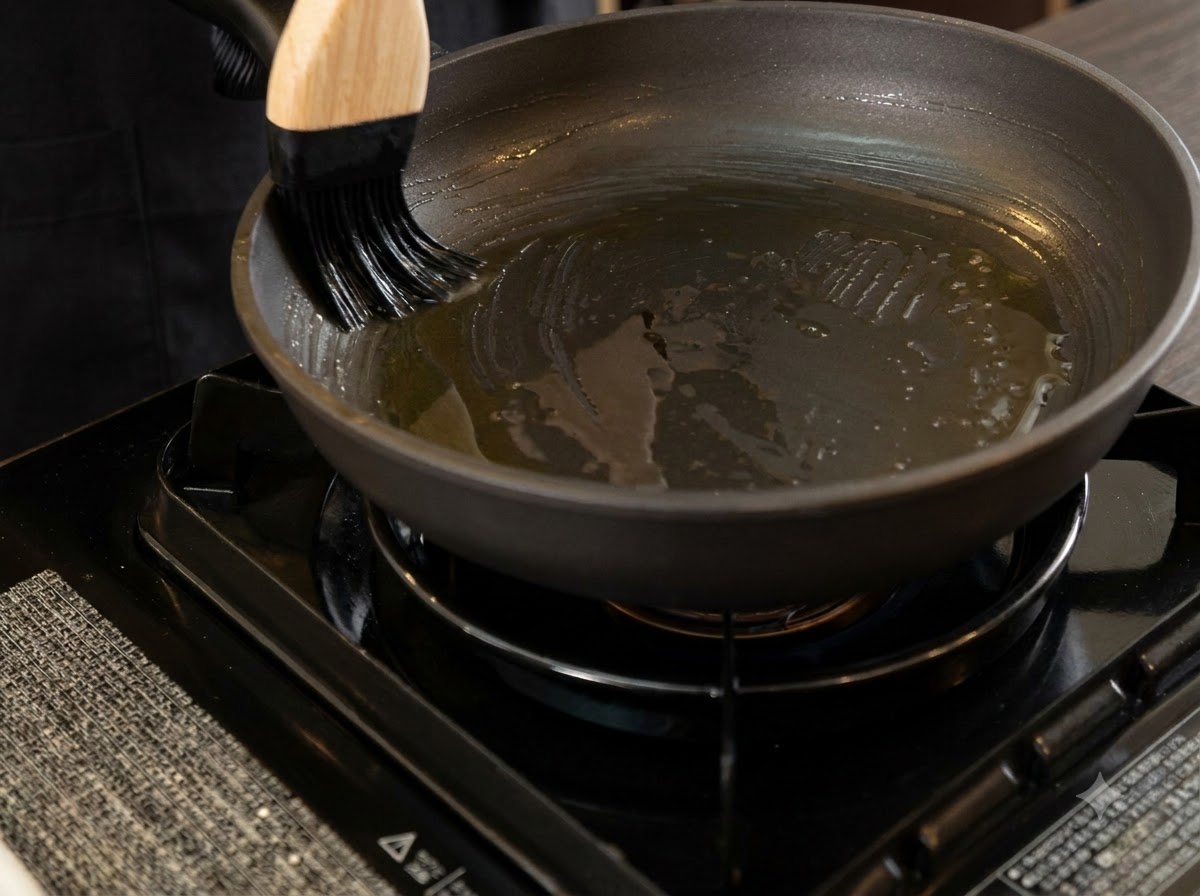Una brocha de cocina esparciendo aceite dentro de una sartén en una estufa.