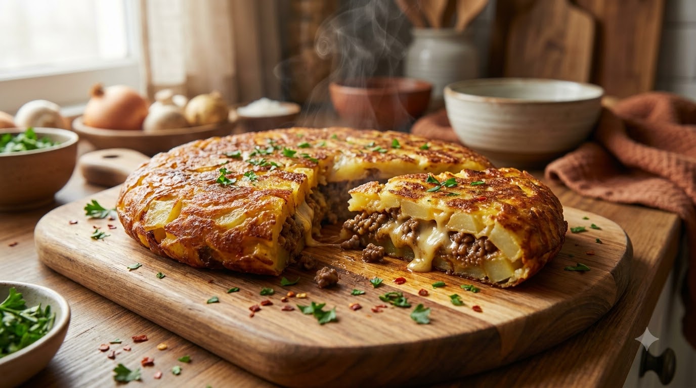 Hamburguesas de Papa Crujientes con Carne y Queso Fundido