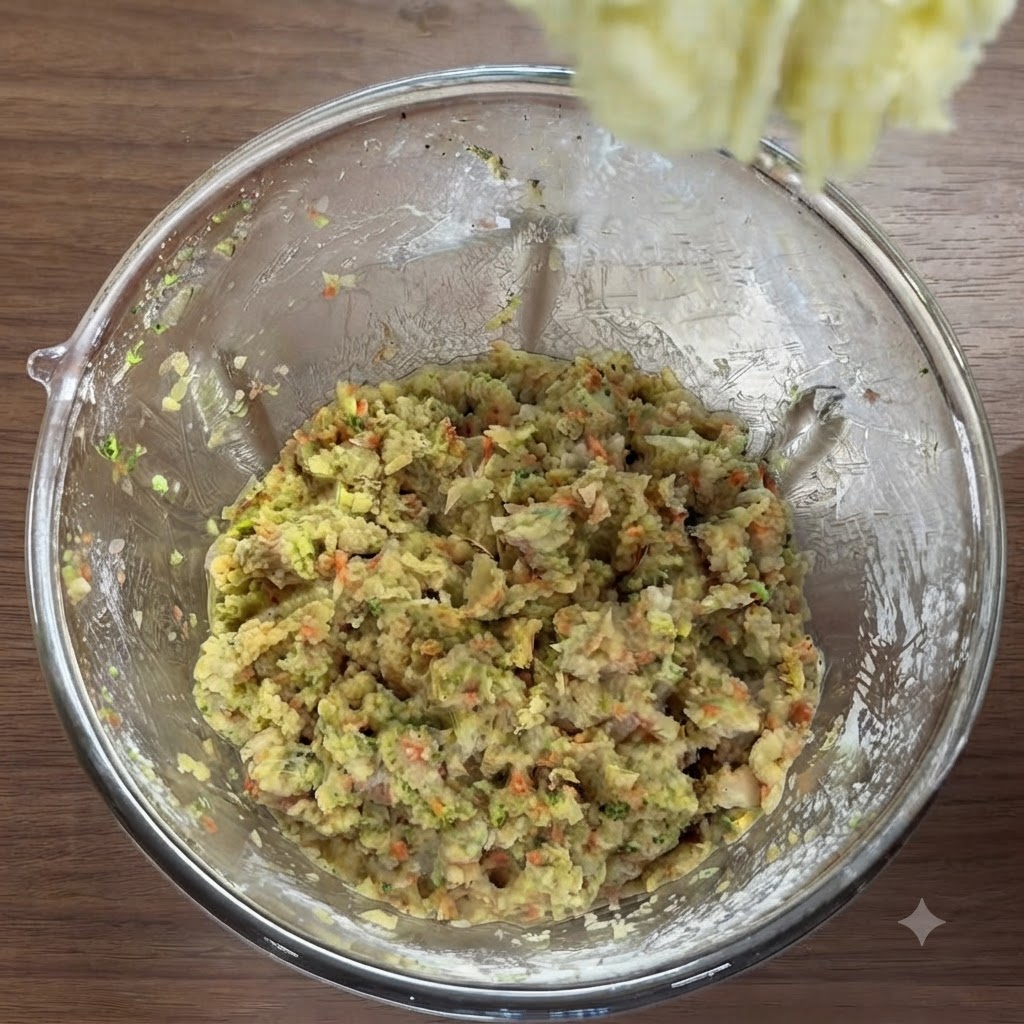 Puré de patatas siendo añadido a un bol con los ingredientes mezclados de pollo y verduras, revuelto con un tenedor.