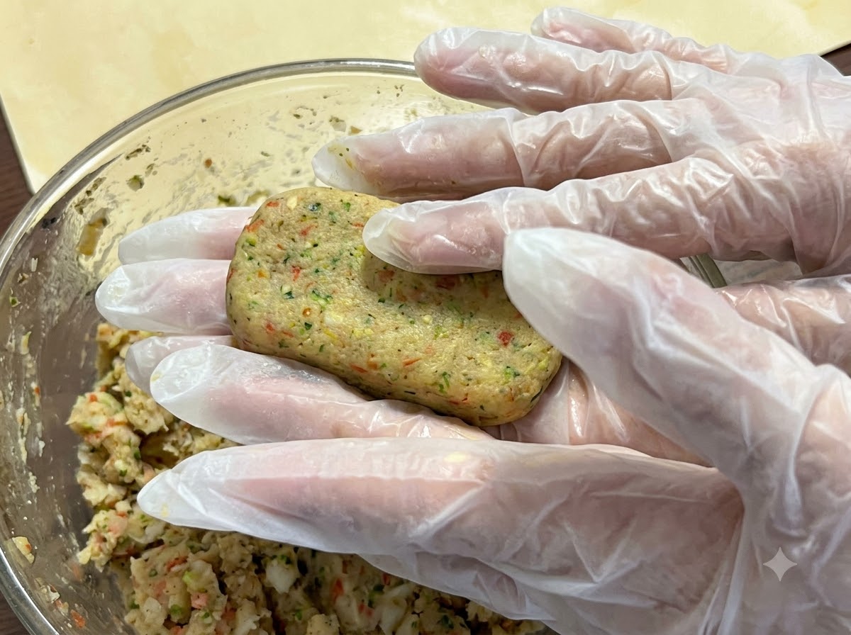 Manos con guantes dando forma rectangular a una hamburguesa con la mezcla de pollo y patata.