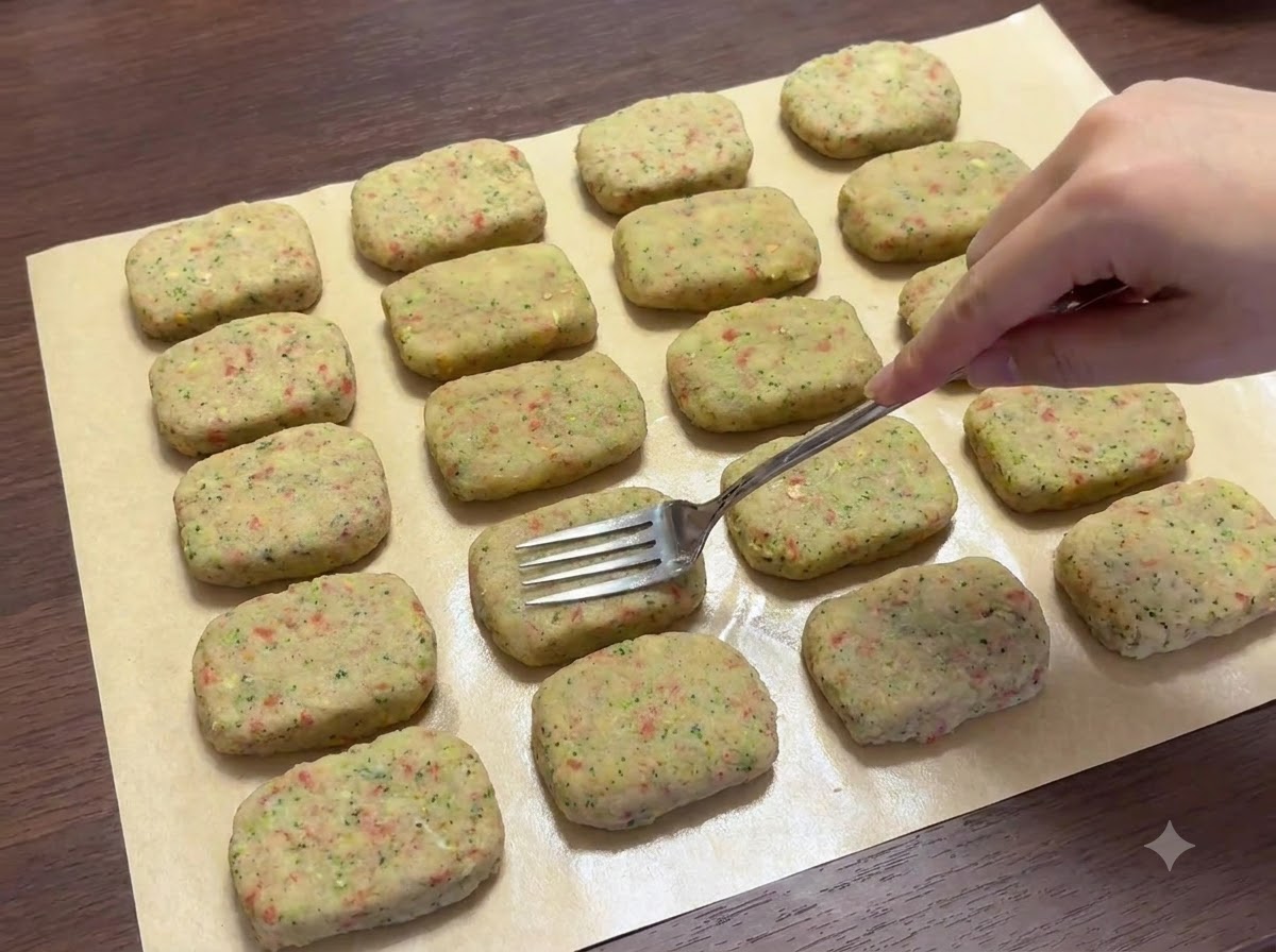 Un tenedor marcando líneas de patrón en múltiples hamburguesas moldeadas dispuestas sobre papel pergamino.