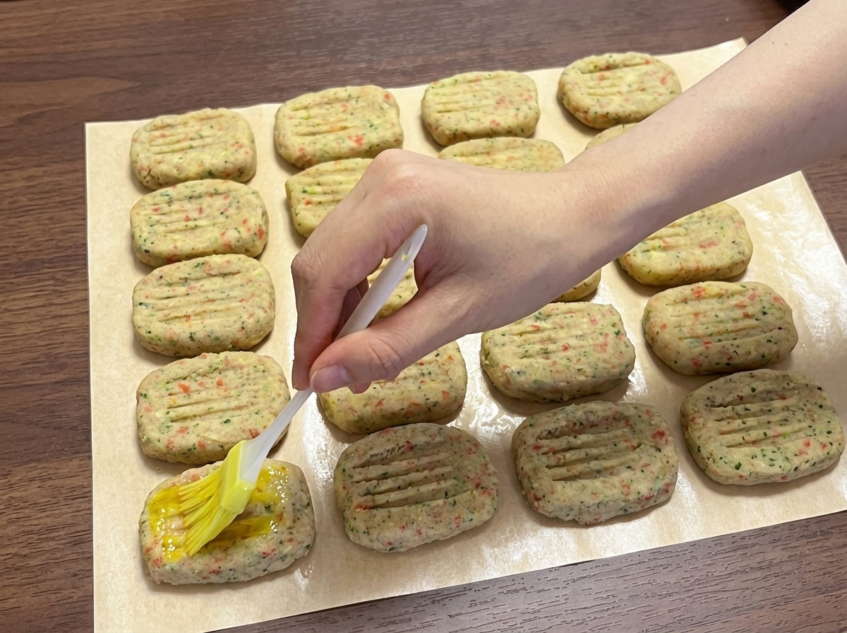 Un pincel pequeño aplicando yema de huevo sobre las hamburguesas de patata moldeadas, adornadas con semillas de sésamo.