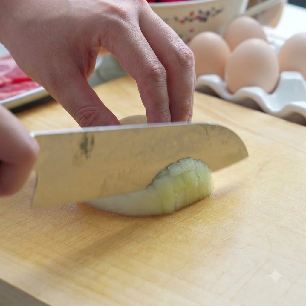 Cebolla siendo picada cuidadosamente en pequeños cubos sobre una tabla de cortar de madera con un cuchillo afilado de chef.
