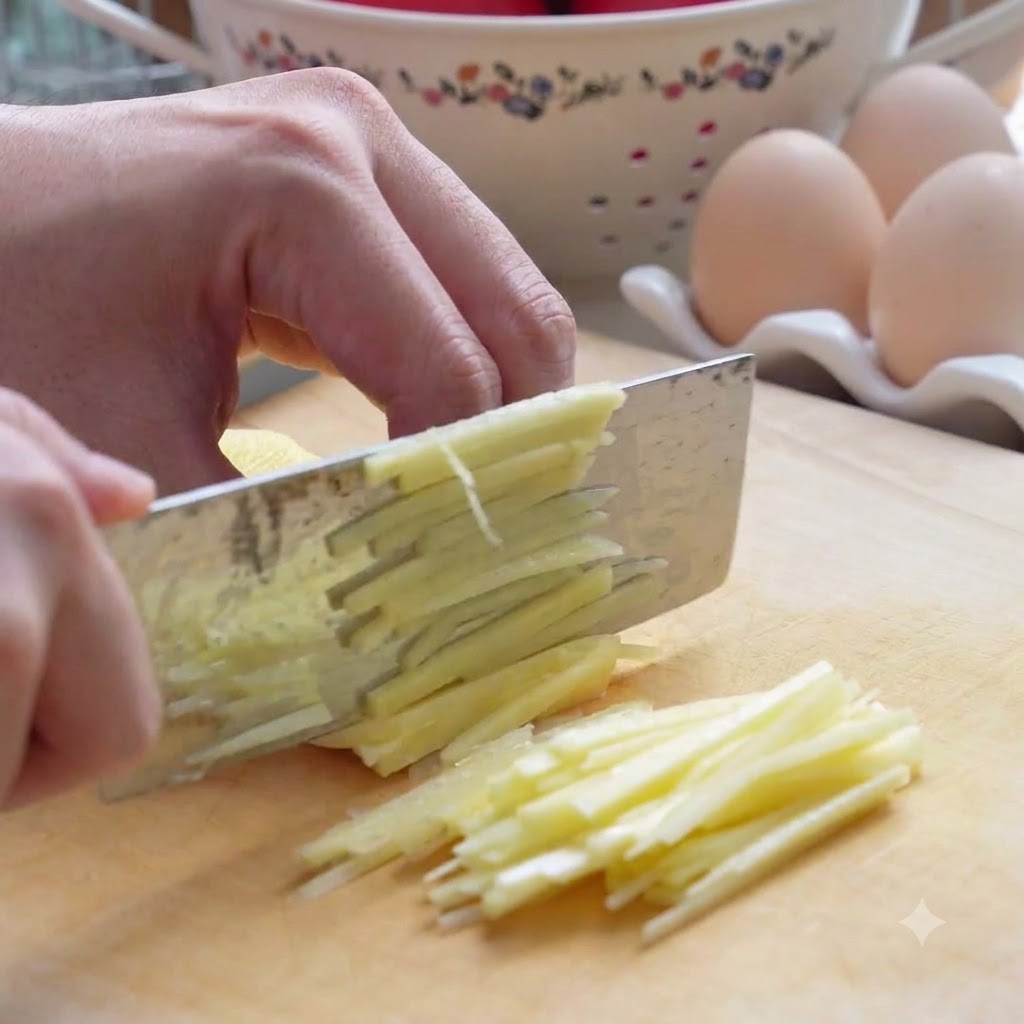 Patatas y zanahorias siendo cortadas en tiras finas con un cuchillo de cocina sobre una tabla de madera.