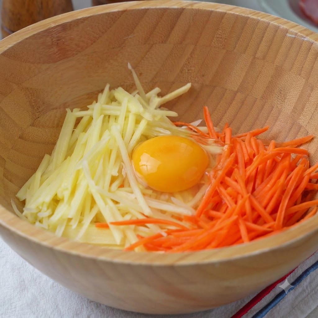Un bol de madera con patatas y zanahorias ralladas, un huevo, harina, sal y pimienta listos para mezclar.
