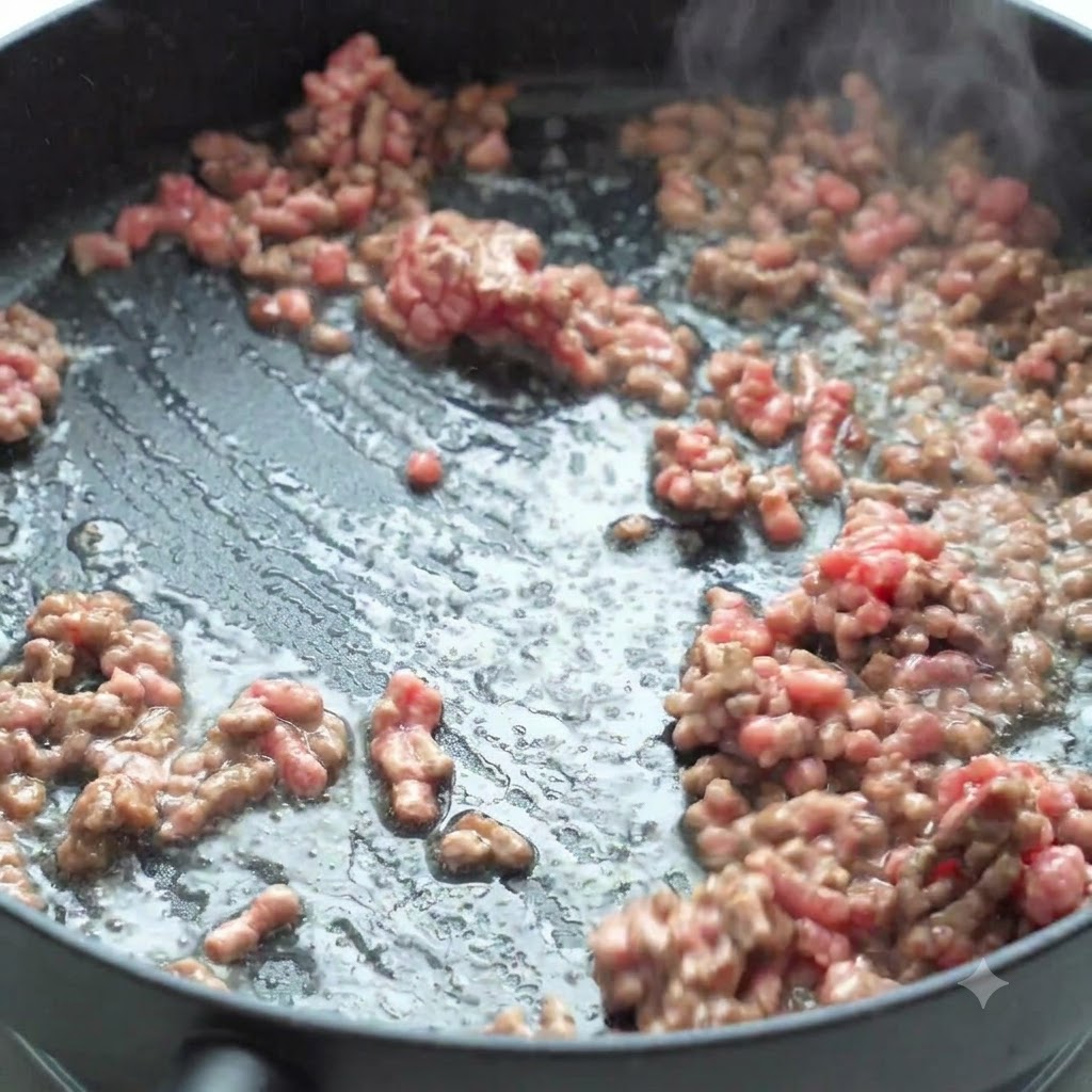 Carne picada sofriéndose en la sartén con la cebolla y el tomate recién añadidos.