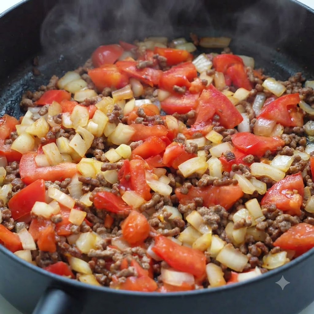 Mezcla de carne y verduras siendo sazonada con especias y kétchup en una sartén.