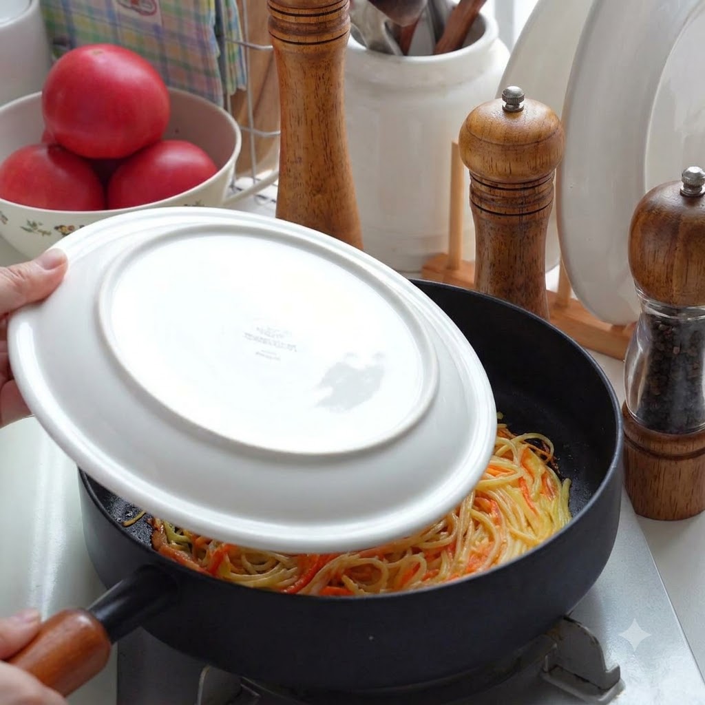 Un plato blanco siendo utilizado para dar la vuelta a la tortita de patata en una sartén negra.