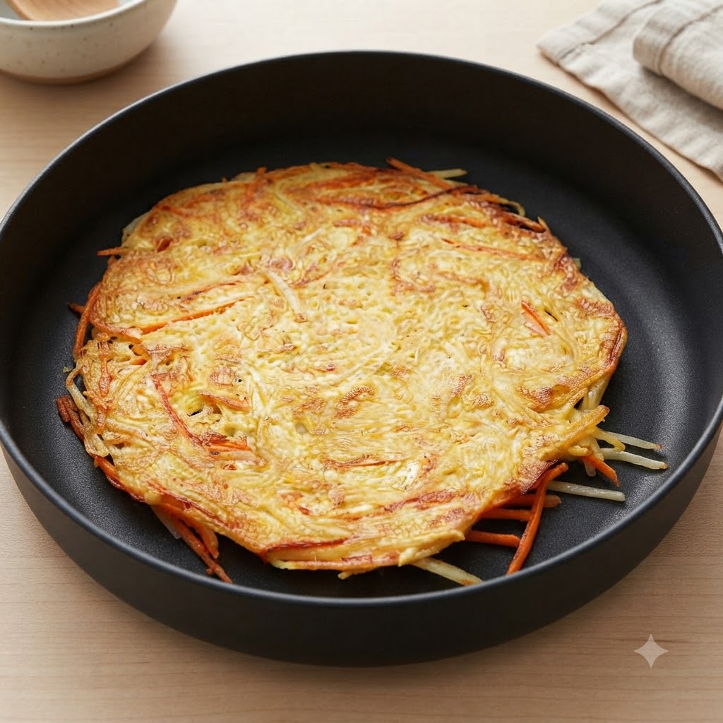 Una tortita de patata cocinada reposando en una sartén negra.