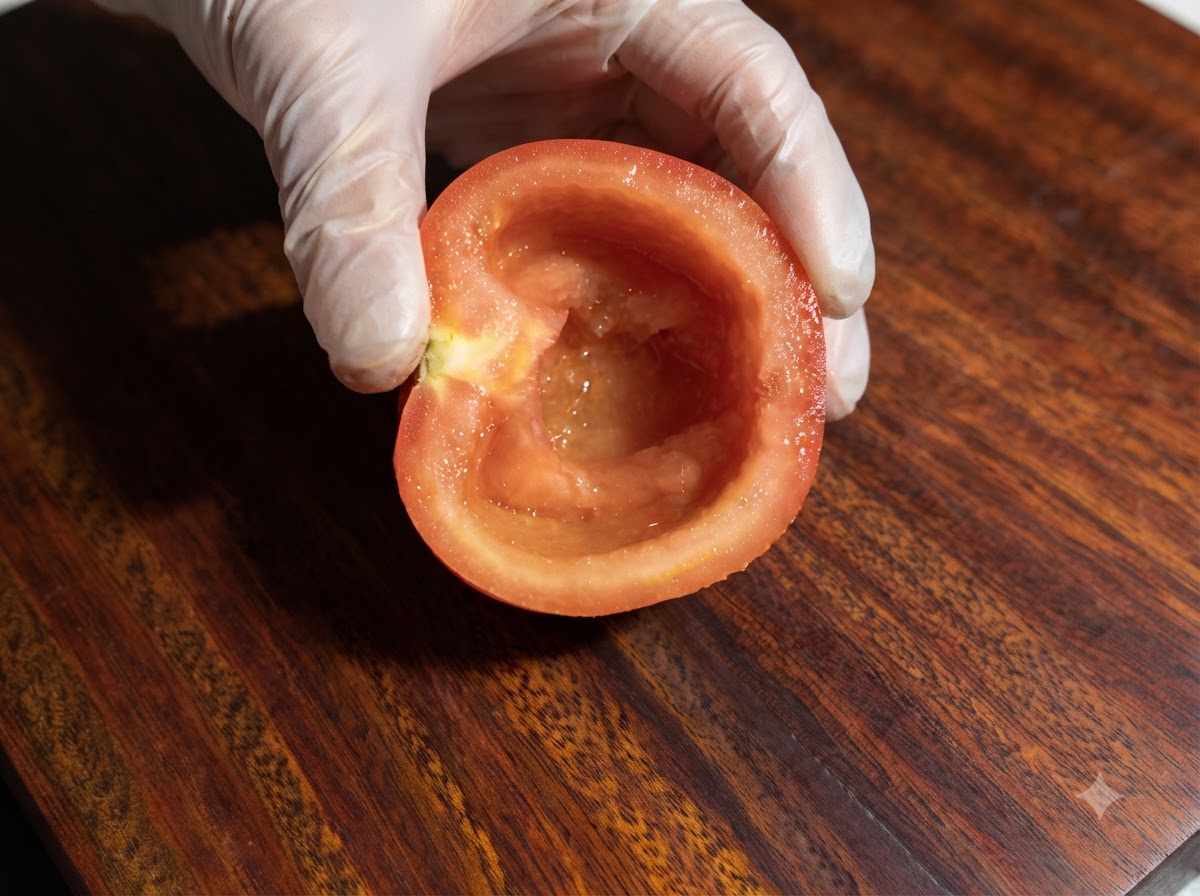 Un tomate sin corazón siendo picado en una tabla de madera junto a otros vegetales.