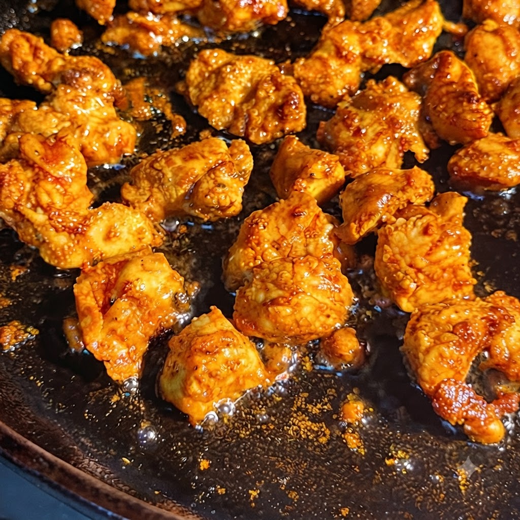 Trozos de pollo dorándose en una sartén caliente.