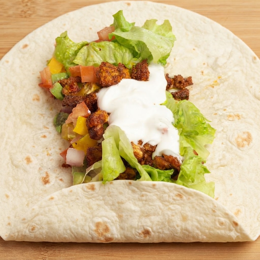 El borde inferior de la tortilla doblándose hacia arriba sobre los ingredientes.