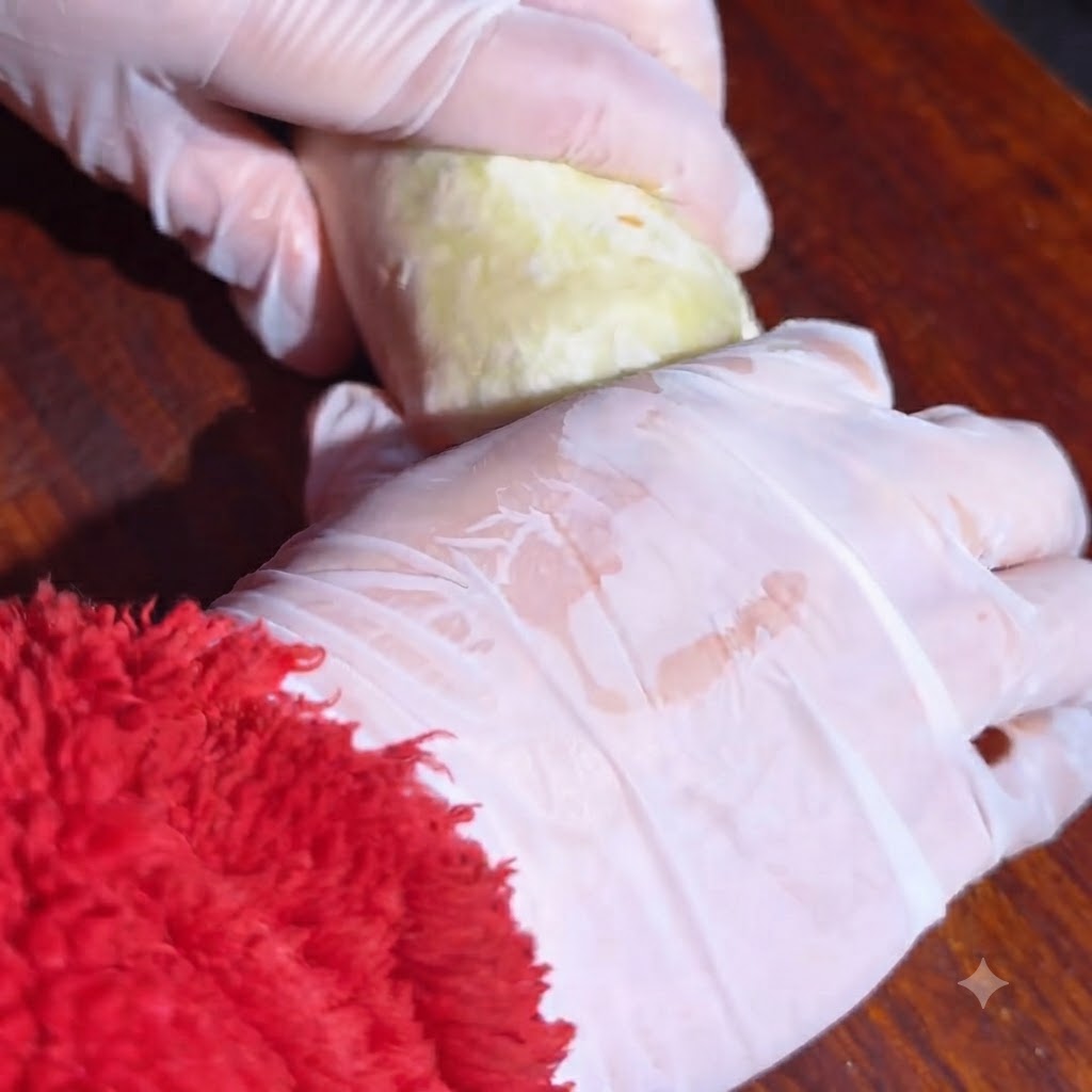 Manos con guantes ajustando y dorando el burrito enrollado en una sartén.