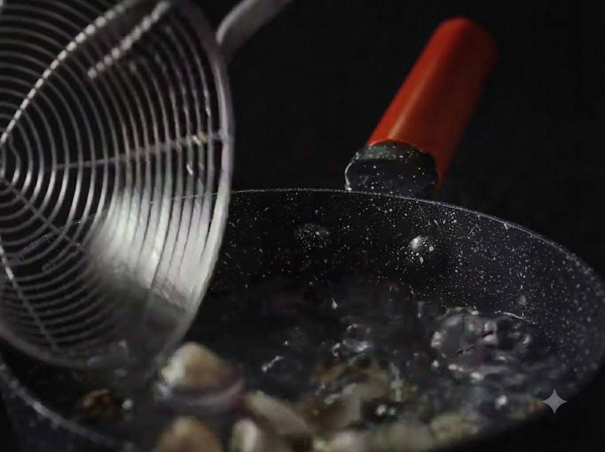 Un colador sacando almejas cocidas de una olla con agua hirviendo.