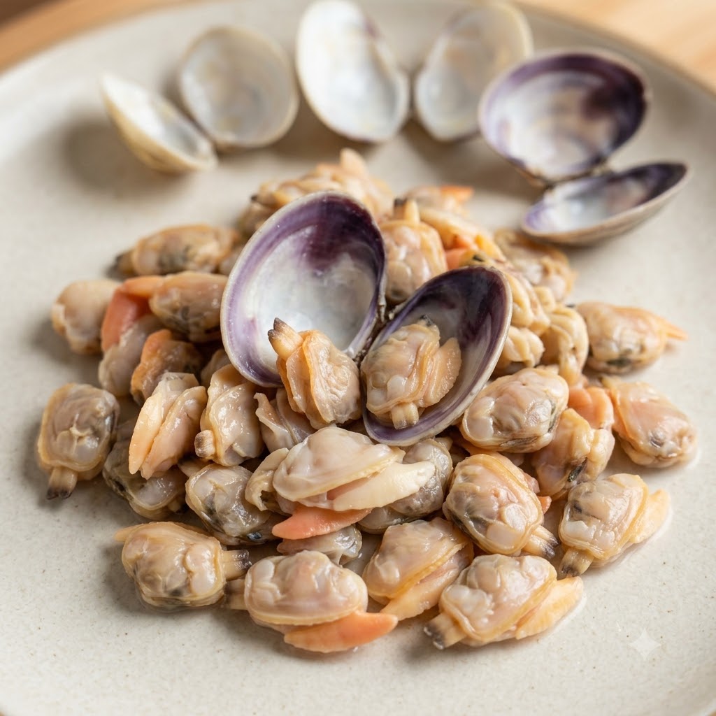 Carne de almeja cocida amontonada en un plato de cerámica con conchas vacías dispuestas en la parte superior.