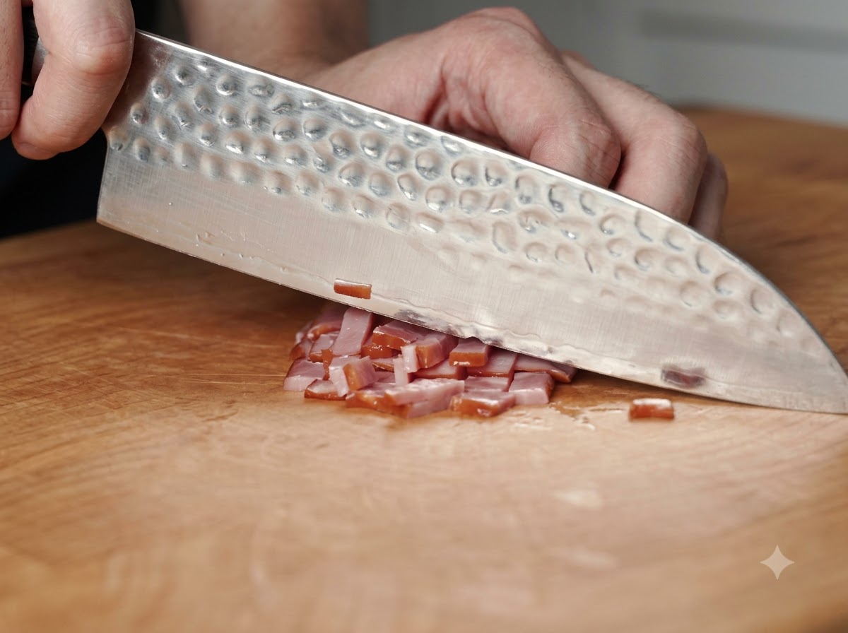 Un cuchillo cortando tocino en trozos pequeños sobre una tabla de cortar de madera.