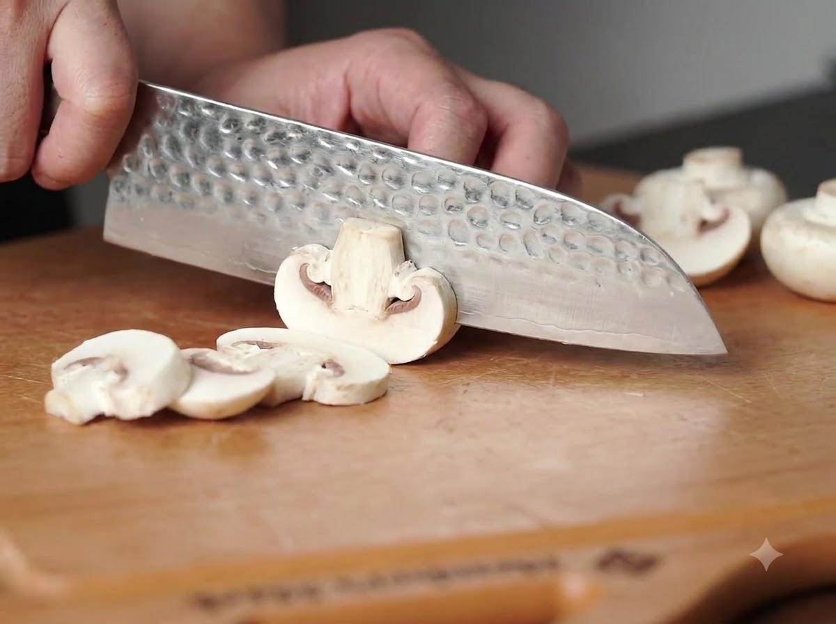 Un cuchillo de chef cortando champiñones blancos en rodajas sobre una tabla de cortar de madera.