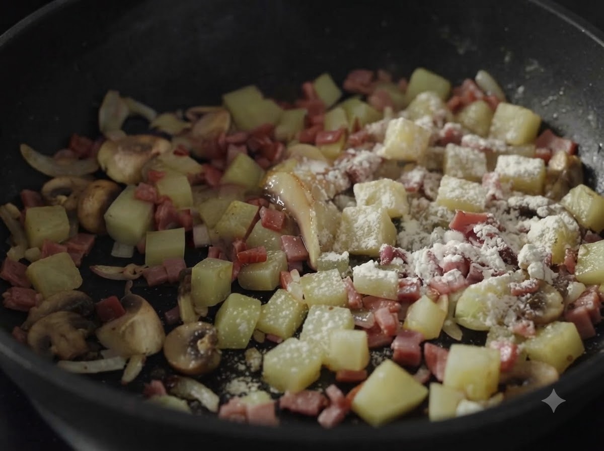 Champiñones en rodajas, patatas en cubos y harina espolvoreada mezclándose con tocino y cebollas en una sartén.
