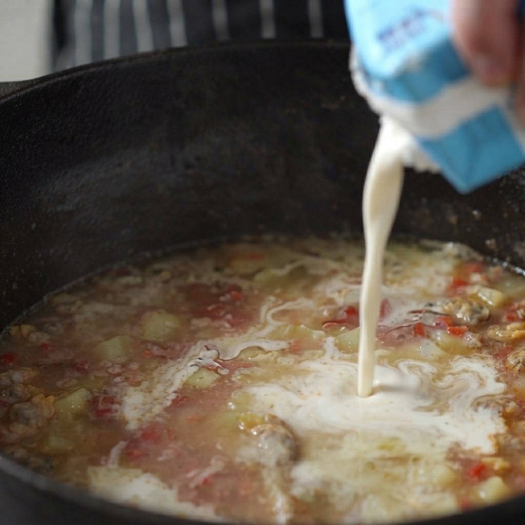 Crema espesa siendo vertida desde un cartón azul y blanco en una olla de sopa a fuego lento.