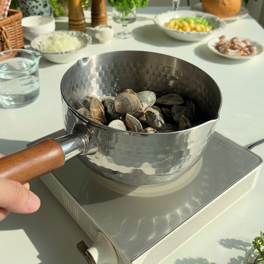 Almejas frescas en una olla de metal con agua fría listas para ser hervidas.